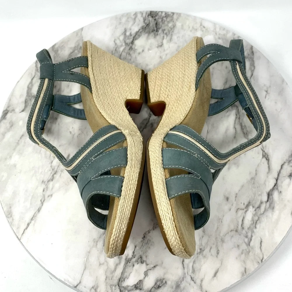 Clarks Blue Leather T-Strap Platform Comfort Platforms 10 Nautical Resortwear